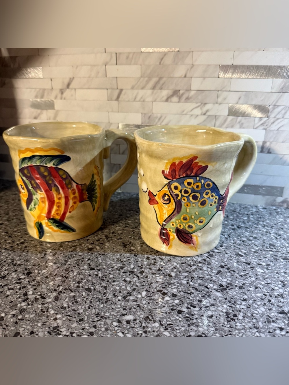 Under the Sea Kissing Fish Hand painted Mugs Set of 2